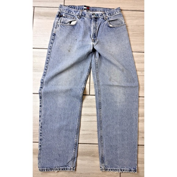 Vintage Tommy Hilfiger Jeans Mens 36x34 Blue Flag Logo Baggy Skater FREEDOM Y2K‎ - Picture 1 of 8